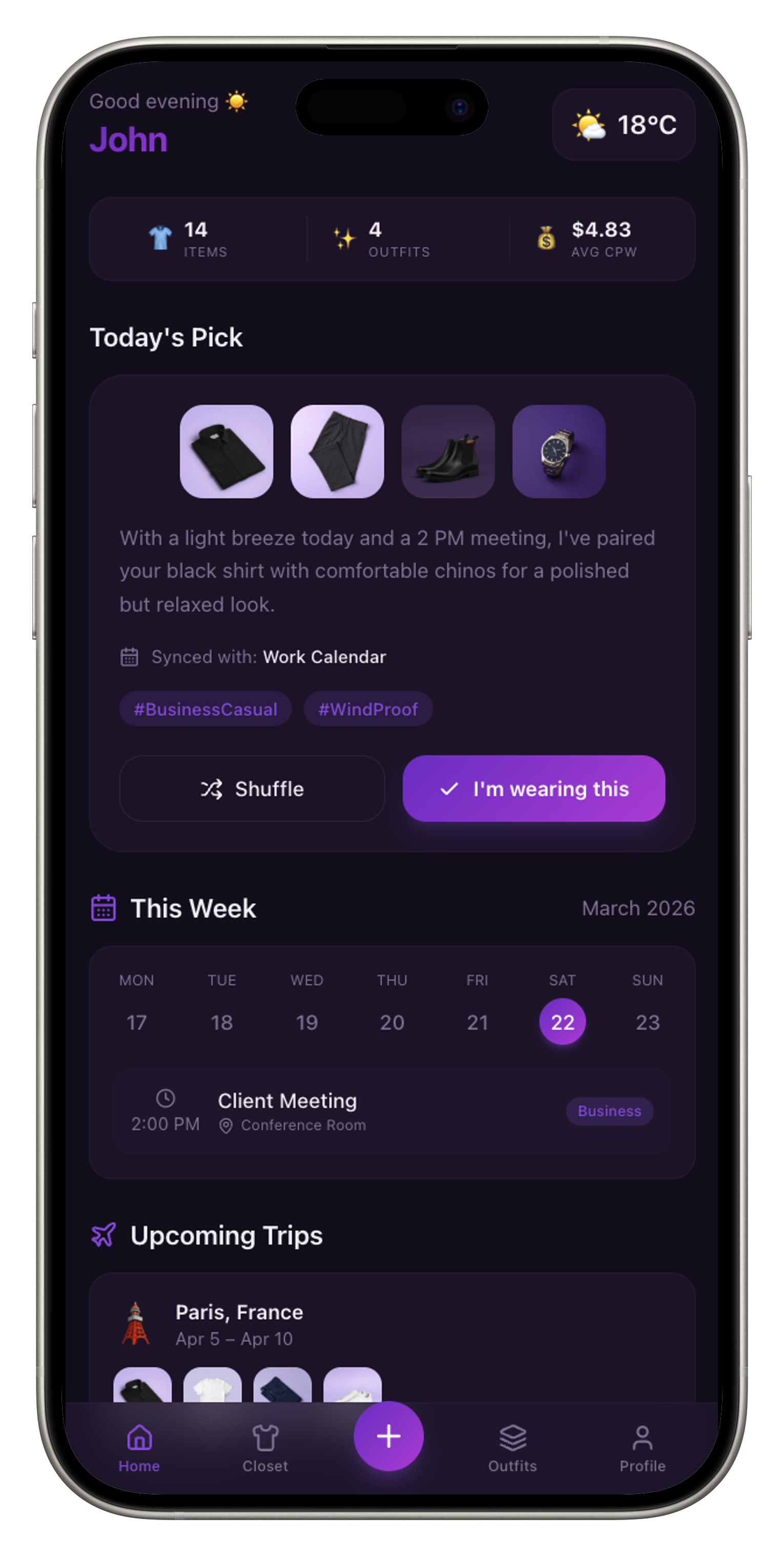 iPhone mockup showing the home dashboard and Today's Pick card