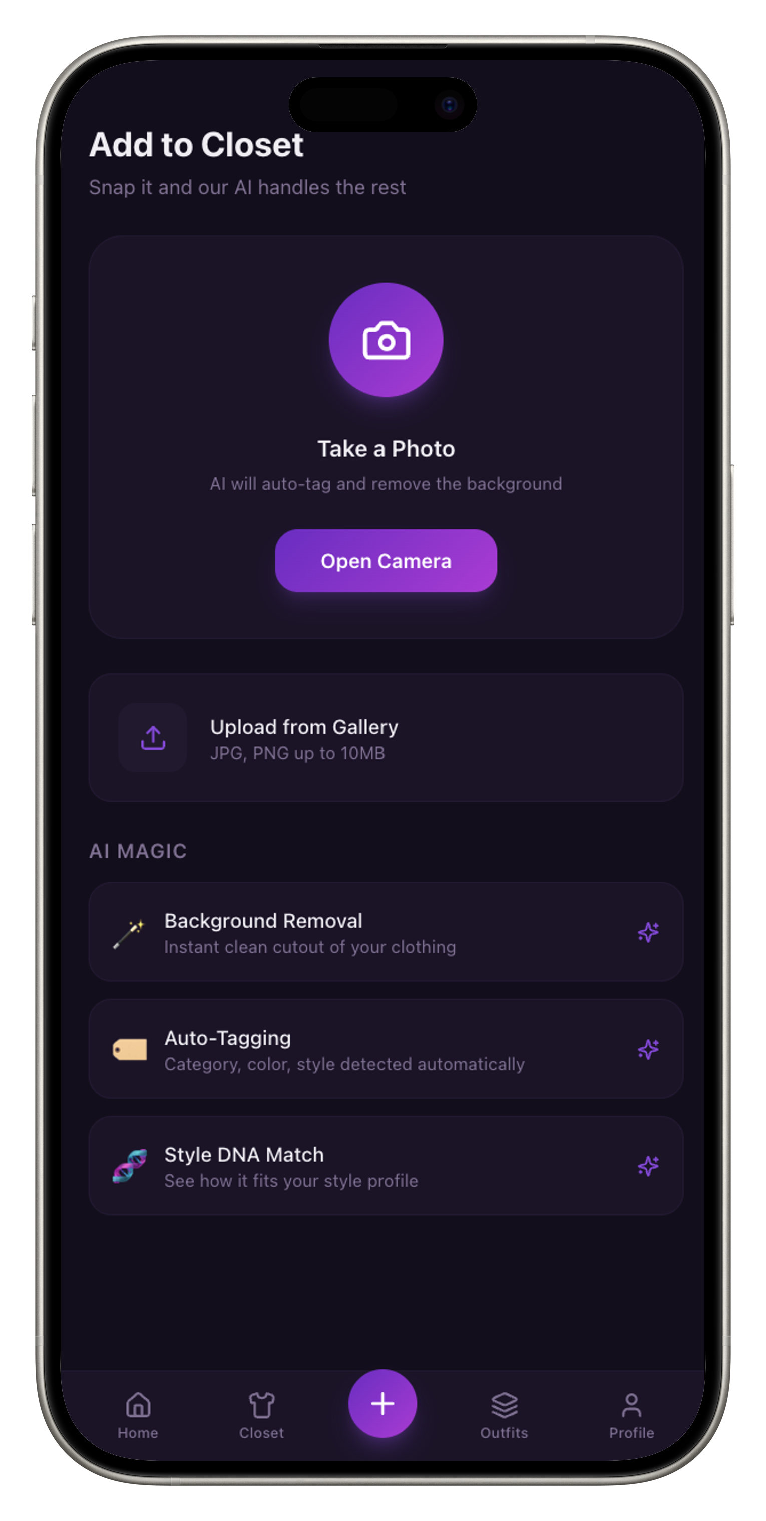 AURAI Add Outfit screen showing camera capture and AI magic features